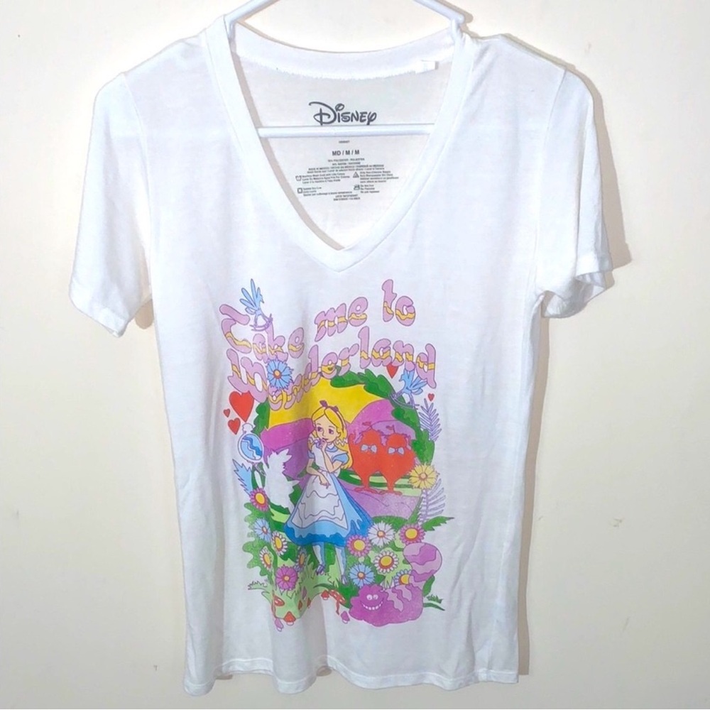 Disney White Alice in Wonderland Short Sleeve V-Neck Tee with Pastel Graphic